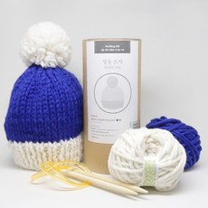 멜로우 방울 모자 뜨개질 키트, 화이트 + 블루, 1세트