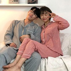 체크 요루 면 파자마 커플 잠옷 세트