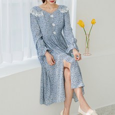 봄 가을 여성 롱원피스 플라워 프릴 카라 레이스 플레어 A라인 트임 HE041