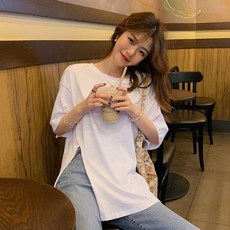 한수위 여성 오버핏 티셔츠 절개 박스 면 레이어드 박시 무지 예쁜 반팔 이너 티셔츠