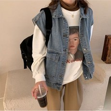 프리티글라라 여성 베이직 청조끼 베스트 오버핏 데님 박시 청자켓