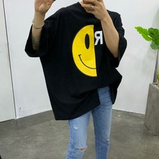 스트릿제이 반반 스마일 프린팅 절개반팔티
