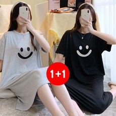 마쿠쿠 1+1 세트 스마일 면 혼방 여성 잠옷 홈웨어 원피스 반팔 롱 티셔츠