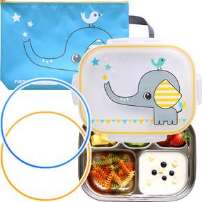 動物印花不鏽鋼餐盤便當盒組, 黃色+藍色, 不鏽鋼便當盒+矽膠圈 2入+便當袋