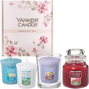 Yankee Candle 小罐蠟燭 + 許願蠟燭 3 種最佳香味 禮品組 + 購物袋, 黑櫻桃、檸檬薰衣草、潔淨棉、巴哈馬微風, 紅色、紫色、白色、薄荷色