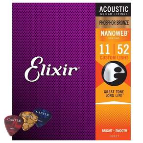 Elixir Nanoweb 磷青銅 11/52 定制輕型原聲吉他弦 + 吉他撥片, 單色, 10627