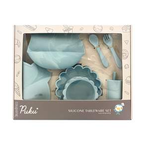 PUKU 藍色企鵝 蒔蘿鉑金矽膠餐具禮盒組 7件入, 茉莉藍, 7入, 1組