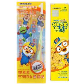 Pororo 牙刷 第1階段 2入 隨機出貨+低氟牙膏, 香蕉口味, 1組