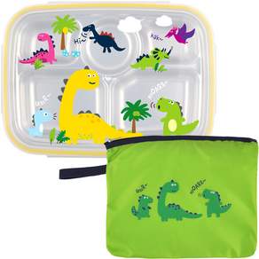 兒童酷恐龍袋不銹鋼餐盤午餐盒深型, 混色, 盤子+蓋子+袋子