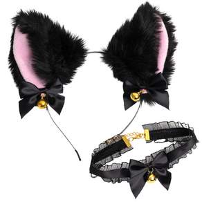 喇叭貓頭帶+項鍊套裝, 黑色, 1組