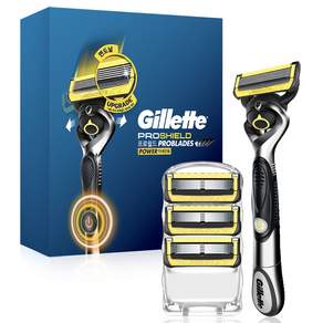 Gillette 吉列 2024 Pro Shield黃色力量刮鬍刀手把+刮鬍刀片 4入組, 1組