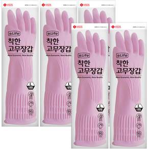 LOTTE 樂天 E.Life 橡膠手套, L號, 粉色, 5入