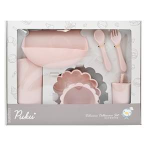 PUKU 藍色企鵝 蒔蘿鉑金矽膠餐具禮盒7件組, 蔓茶粉, 1組