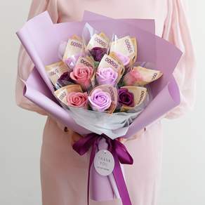 BeautifulDecoSense 香皂鈔票花朵 10入+購物袋組, 紫色混合(花束)