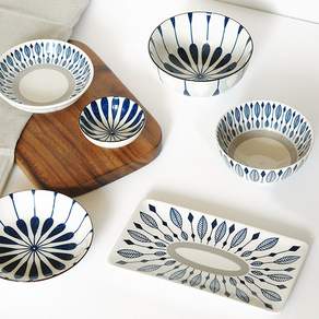 Umaishoku Yume 單人餐具組, 藍色+灰色, 飯碗*1個+湯碗*1個+深盤 中*1個+深盤大*1個+長方形盤*1個+醬料碟*1個, 1組