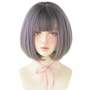 Hi Uni Ombre Bang Hair Short Tong 假髮 30cm + 假髮網 + 支架套組 D3103, 灰紫色, 1套