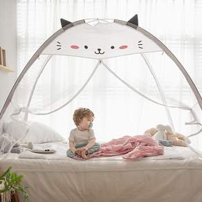 BEBE DECO 貓咪造型帳篷一觸式床專用蚊帳+不織布收納袋, 黑色+白色