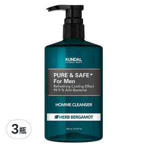 KUNDAL 昆黛爾 清爽型男性護理液 佛手柑香, 300ml, 3瓶