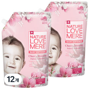 NATURE LOVE MERE 然自母愛 嬰幼兒衣物柔軟精補充包 櫻花香, 1.3L, 12包