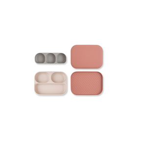 DONODONO 矽膠防滑餐具組 6個月以上, 餐盤+三格餐盤+餐盤蓋子, 粉色+灰色, 1組