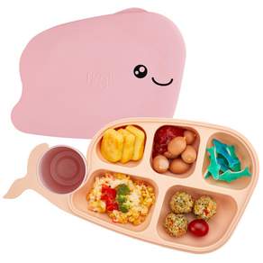 Firgi 幼兒自導特製鯨魚餐盤套組, 淡粉色, 盤子+蓋子+杯子