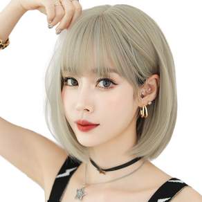 Hi-yuni Ash 象牙色 Bob Cut Bang 短髮夾式假髮假髮 31cm + 假髮網 + 支架套組, 灰象牙