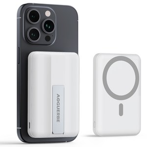 AOGUERBE 맥세이프 보조배터리 경량 10000mAh 15W 무선충전 22.5W PD 고속 충전 기내반입 스탠드 보조배터리, 화이트, KT-D001