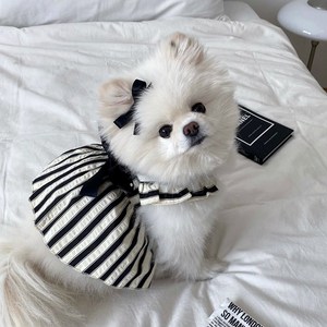 반려견 줄무늬 리본원피스 강아지 민소매원피스, 1개, White+Black