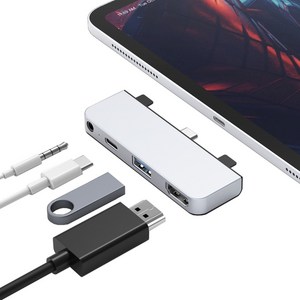 하이퍼드라이브 HD319E 4in1 아이패드 호환 허브 USB-C HDMI 60W PD충전 이어폰잭, 실버, 1개