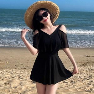 여성 브이넥 원피스 수영복 뱃살 체형커버 원피스 수영복 치마 모노키니 비키니 비치웨어 비치 바캉스 커버업, 블랙