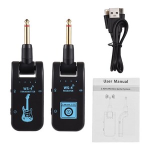 JAMJUM WS-4 2.4G 무선 기타 송신기 수신기 기타 시스템 48K/16비트 실시간 전송 282도 회전 가능한 기타용 플러그, Black, 1개