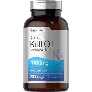 Horbäach Antarctic Krill Oil 1000mg 소프트젤 | 300개 | 아스타잔틴 EPA DHA가 함유된 오메가 3 보충제 | 비GMO 글루텐 프리, HorbäachAntarcticKrillOil1000m, 1개
