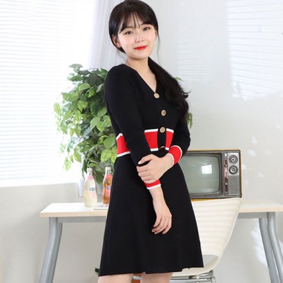 페이퍼먼츠 배색 하이웨스트 브이넥 니트 롱 원피스 6737 리뷰후기