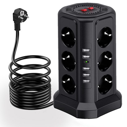 KUTUAI 타워 멀티 전원 스트립 수직 EU 플러그 5 USB 과부하 보기 스위치가있는 12 웨이 콘센트 소켓 여러 수직 전원 스트립