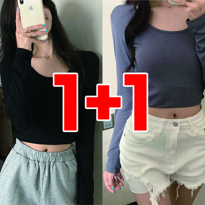 감성갤러리 유스퀘어넥 기본 무지 긴팔 크롭 티셔츠 S-C005