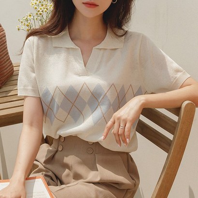 뮤링 오픈카라 아가일 린넨니트 리뷰후기