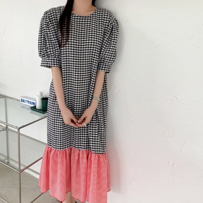 일상화보 오델로 여성 체크 롱 원피스 데일리 캐주얼 원마일룩 리뷰후기
