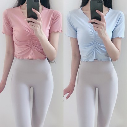 로라벨 반팔 프릴 셔링 필라테스복 요가복 필라테스옷 필라테스커버업 필라테스상의 크롭 요가 운동복 봄 여름 가을 리뷰후기