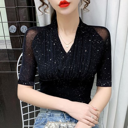 리안 반짝이는 밝은 실크 메쉬 탑 여성 댄스 복장