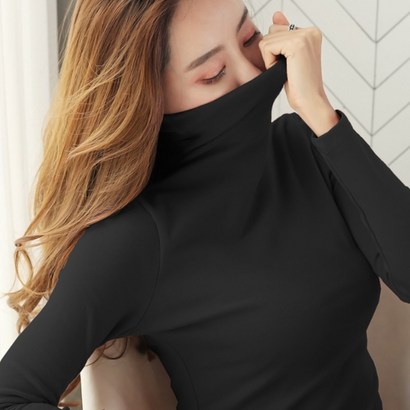 여성 저지 면스판 터들넥 긴팔 티셔츠