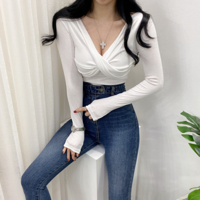 나비 랩 셔링 긴팔 티셔츠