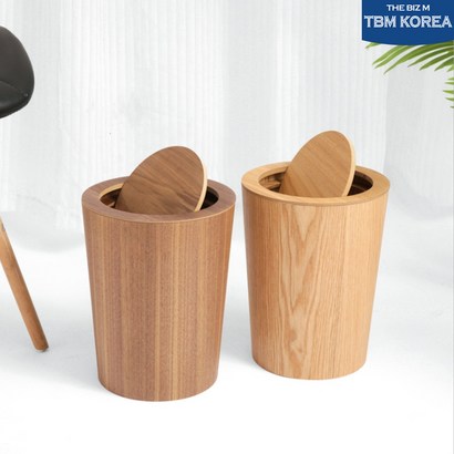 티비엠코리아 심플 원형 우드 나무 휴지통 자석 뚜껑