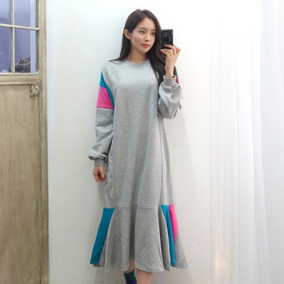 이힝 배색 머메이드 루즈핏 롱원피스
