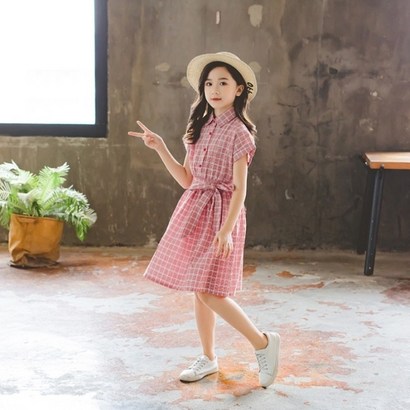 초등학생 주니어 여아 여름 레드 핑크 체크 카라 반팔 리본 원피스 자매룩 휴가 바캉스 여행룩 외출복 나들이
