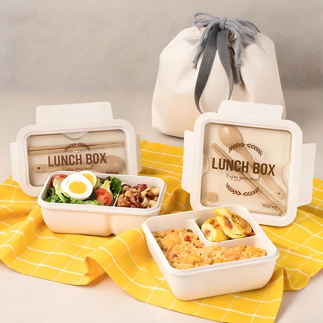코멧 밀짚 도시락 세트 1100ml + 850ml + 파우치, 1개, 도시락 1100ml(17x17x7cm) ,850ml (19.5x12x7cm) ,숟가락(14.7cm),젓가락(15cm),파우치(20.5x13x24cm)