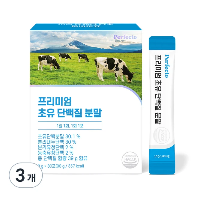 퍼펙토 프리미엄 초유 단백질 분말 스틱, 90g, 3개