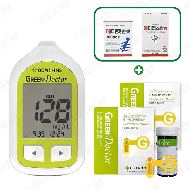 녹십자엠에스 그린닥터 혈당측정기+시험지100매+멸균침110개+솜100매(메디캣 스왑) 혈당측정기 세트[메디캣 출고], 1세트