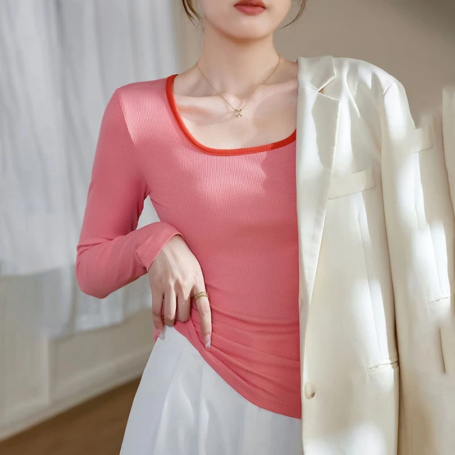 ZIGODAG 여성용 고탄력 세로 리브 스퀘어넥 긴팔 코튼 티셔츠 KK88690