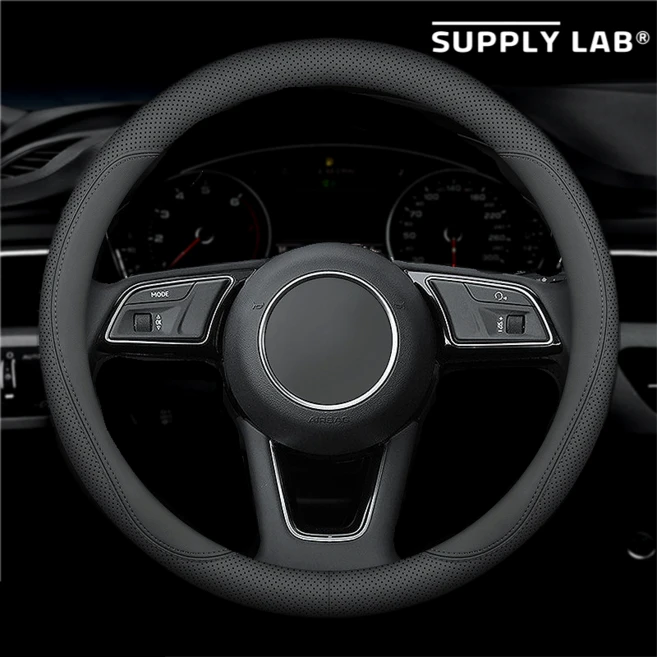 서플라이랩 프리미엄 나파가죽 차량용 핸들 커버, 외부타공형, 일반형, 블랙스티치