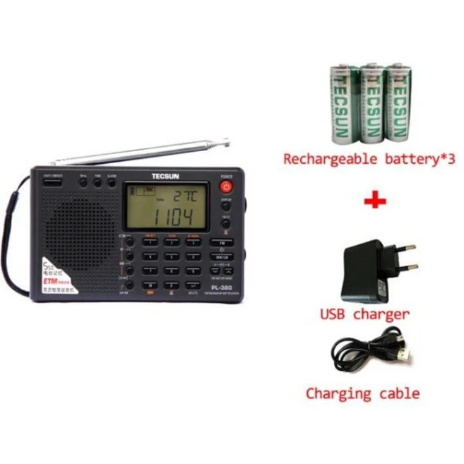 Tecsun PL-380 라디오 DSP AN-03L 전문 SW 밴드 외부 안테나 포함 FM Am 스테레오 월드 수신기 VS PL-310ET, 06 Black charger set